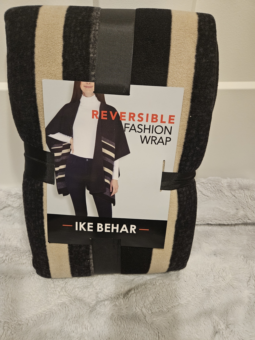 Ike Behar Reversible Fashion Wrap - Black and Cream Stripes